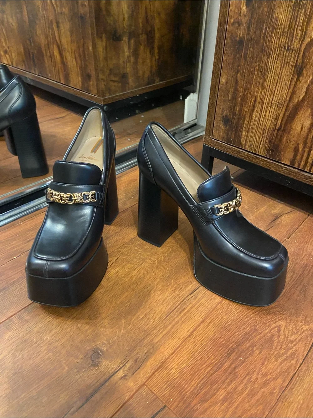 Sam Edelman Black Platform Loafers with Gold Chain